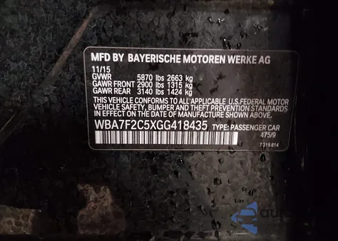 2016 BMW 750I xDrive z USA, uszkodzony, nr VIN WBA7F2C5XGG418435